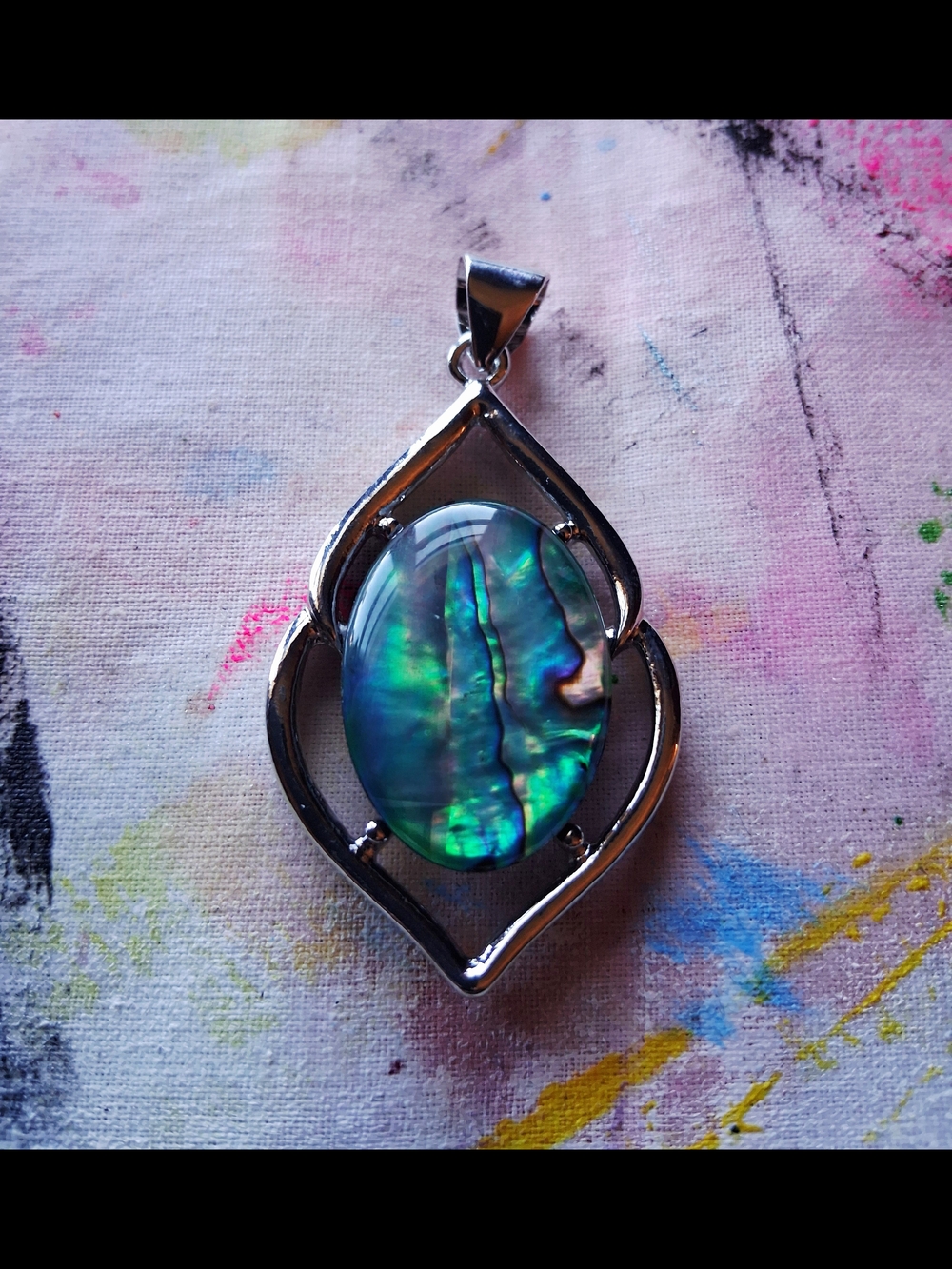 Silver Abalone Shell Teardrop Pendant - Green Blue Iridescent